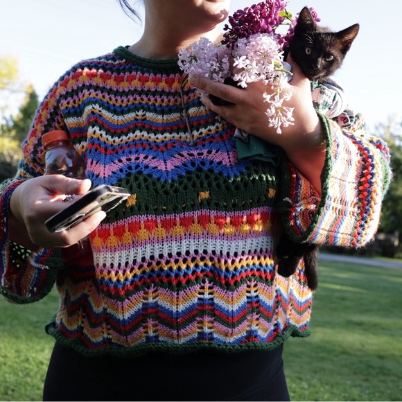 Colorful Knit Sweater crochet size L bell sleeves - Picture 2 of 2